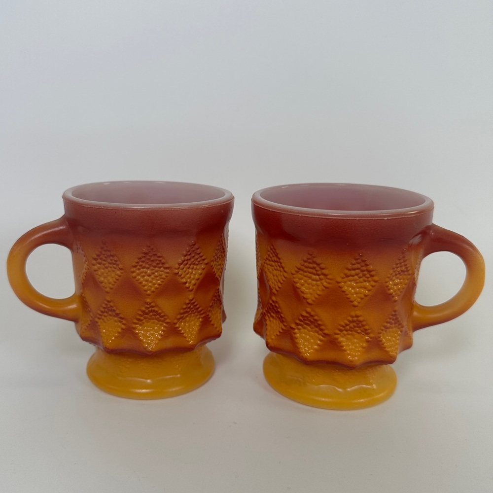 VTG Anchor Hocking Fire King Kimberly Diamond Orange Coffee Cup Set of 2 USA 70s